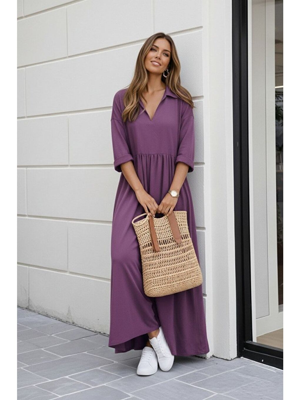 Mor Kadın Truvakar Kollu V Yakalı Yırtmaçlı Uzun Aerobin Elbise-2