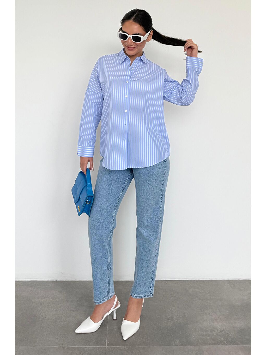 Mavi Çizgili Kadın Gömlek Mg2410-4