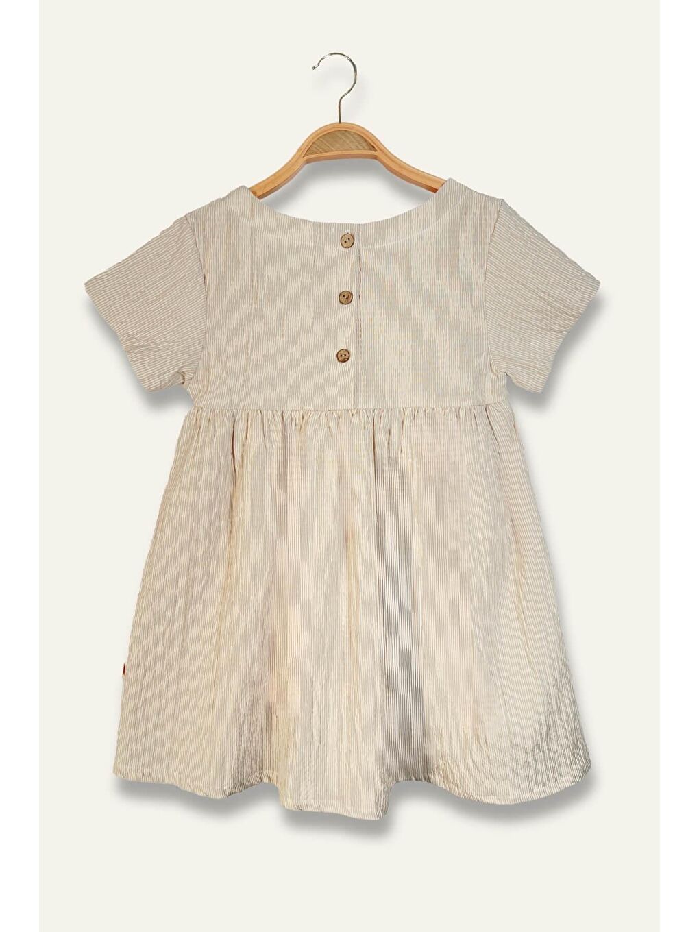 Bej Kız Çocuk Çizgili Yarım Kol Gofre Elbise - Taş Çizgili-1