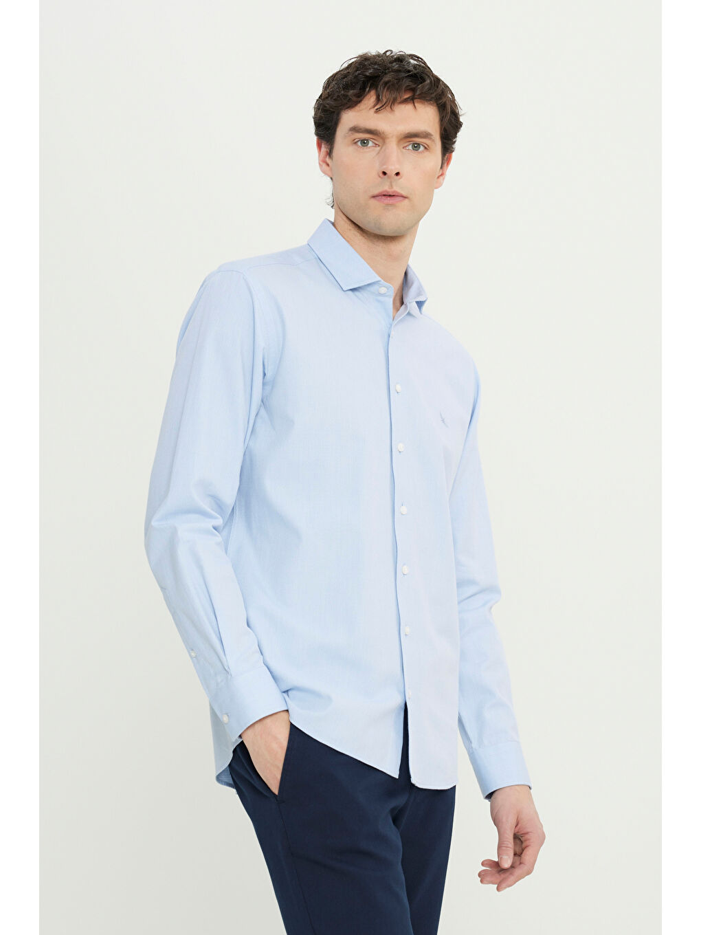 Erkek Mavi %100 Pamuk Regular Fit Normal Kesim Küçük İtalyan Yaka Armürlü Gömlek-3