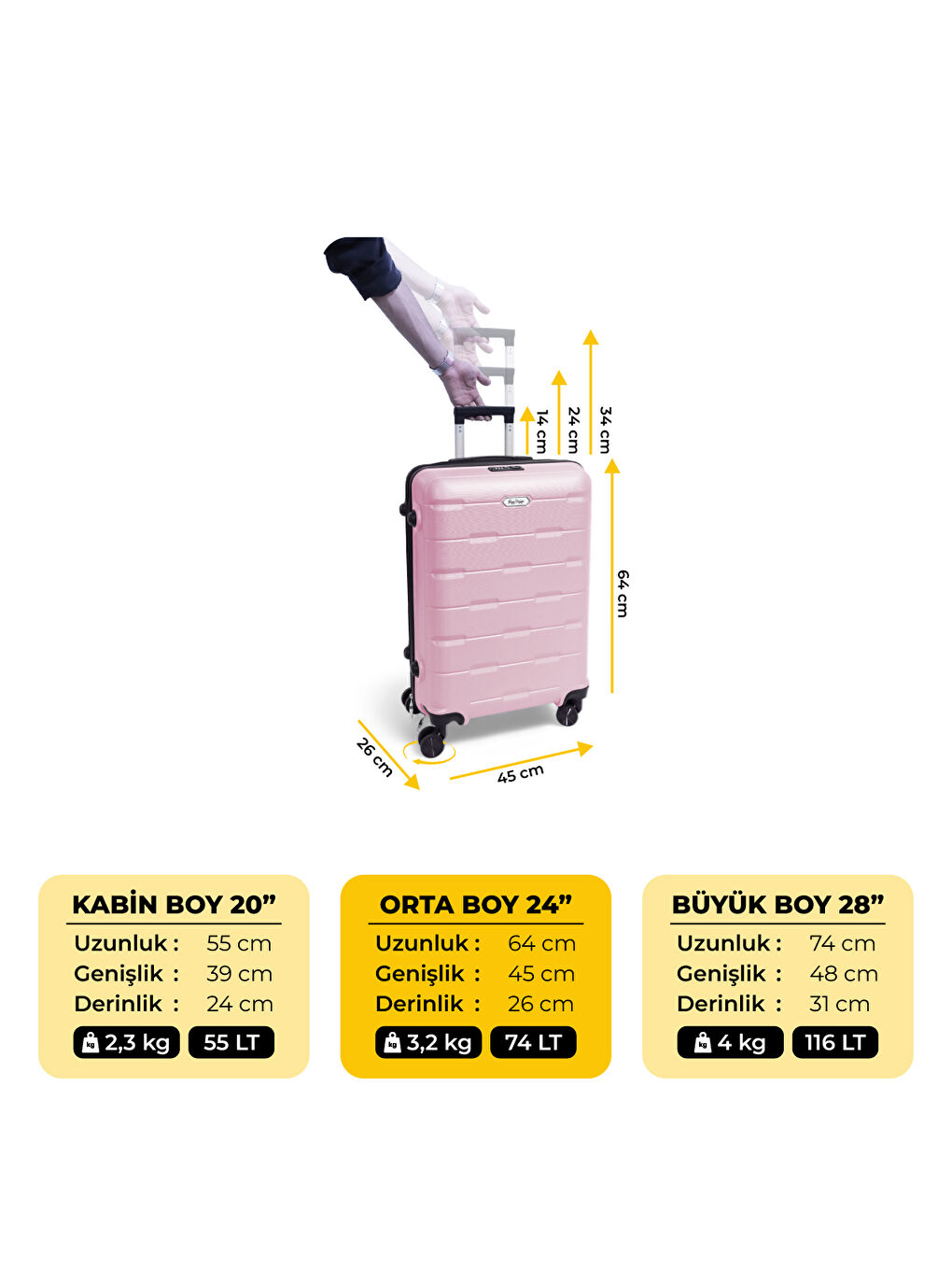 Moods Up TSA Kilitli 24" ABS Gövdeli Valiz | Orta Boy-Pembe-1