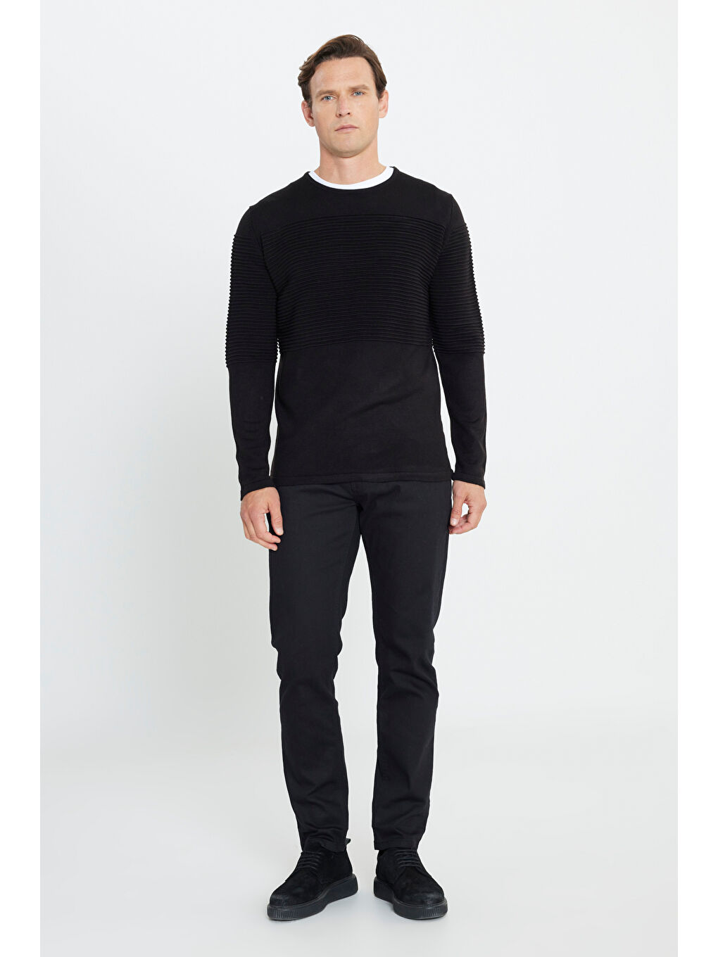 Erkek Siyah Anti-Pilling Özellikli Tüylenme Yapmayan Standart Fit Bisiklet Yaka Çizgi Dokulu Triko-1