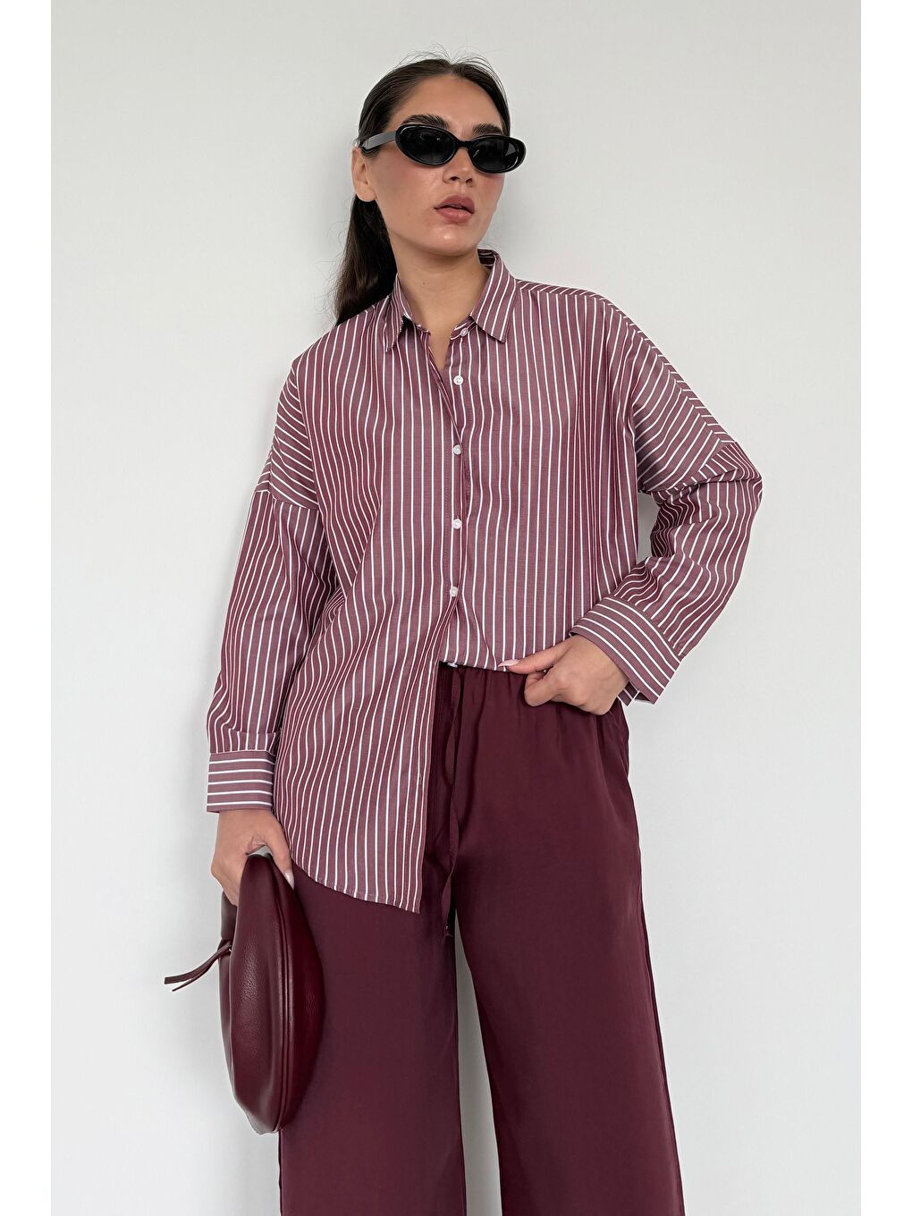 Bordo Çizgili Kadın Gömlek Mg2410-1
