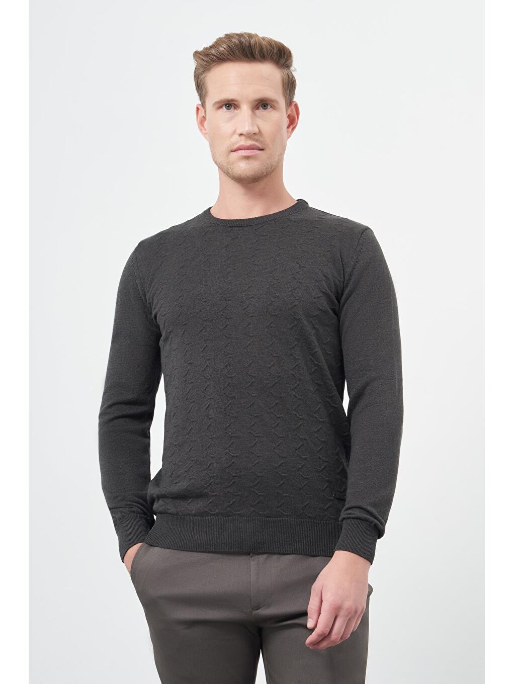 Koyu Antrasit Uzun Kol Kendinden Desenli Örme Bisiklet Yaka Classic Comfort Fit Triko 1012245155