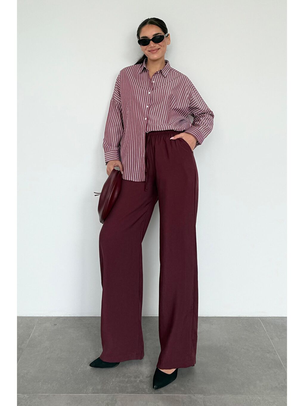 Bordo Çizgili Kadın Gömlek Mg2410-3