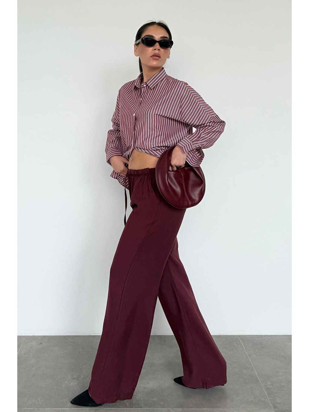 Bordo Çizgili Kadın Gömlek Mg2410-5