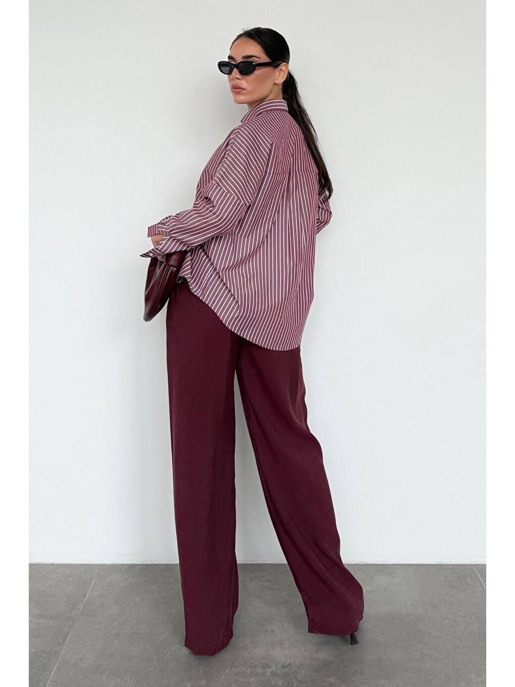 Bordo Çizgili Kadın Gömlek Mg2410-6