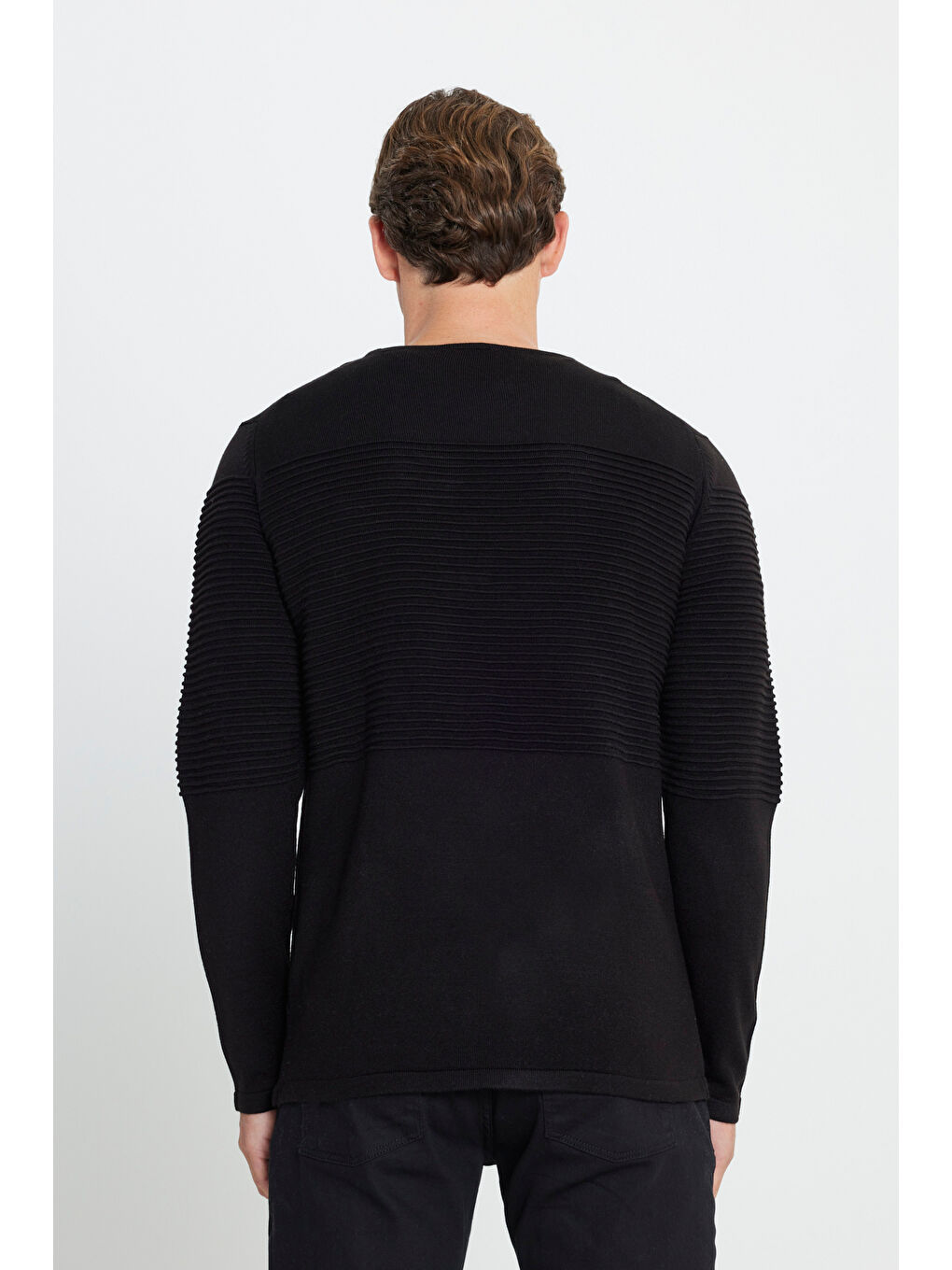 Erkek Siyah Anti-Pilling Özellikli Tüylenme Yapmayan Standart Fit Bisiklet Yaka Çizgi Dokulu Triko-4