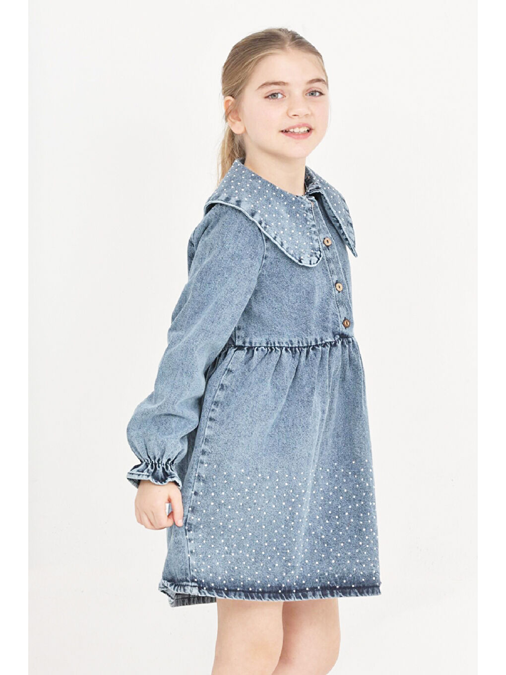 Mavi Kız Çocuk Taş Süslemeli ve Geniş Yakalı Jean Elbise 12453-1