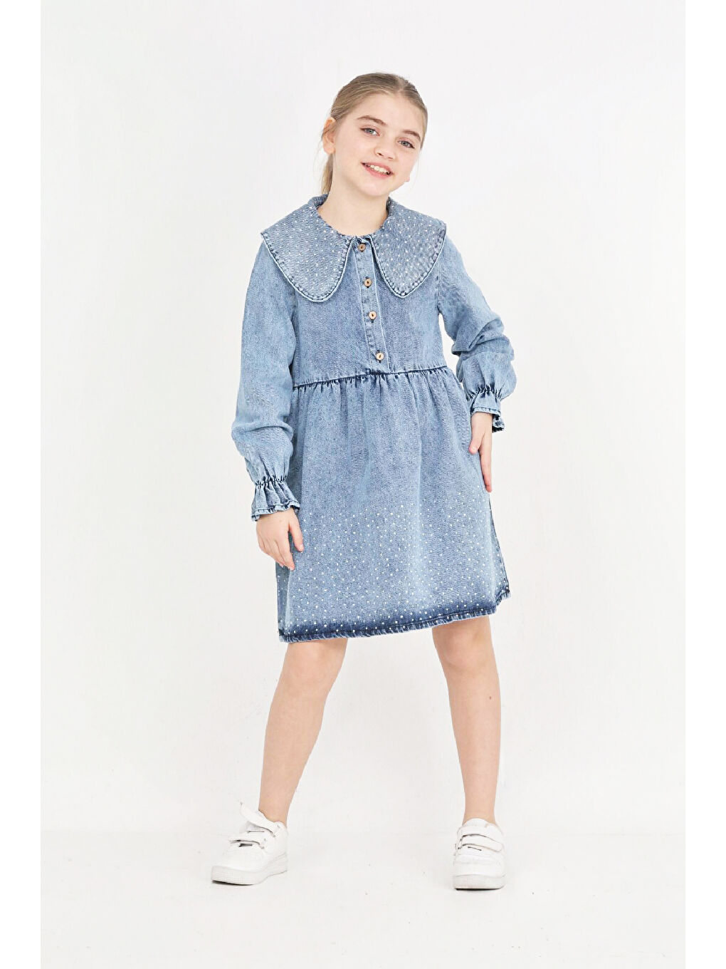 Mavi Kız Çocuk Taş Süslemeli ve Geniş Yakalı Jean Elbise 12453-2