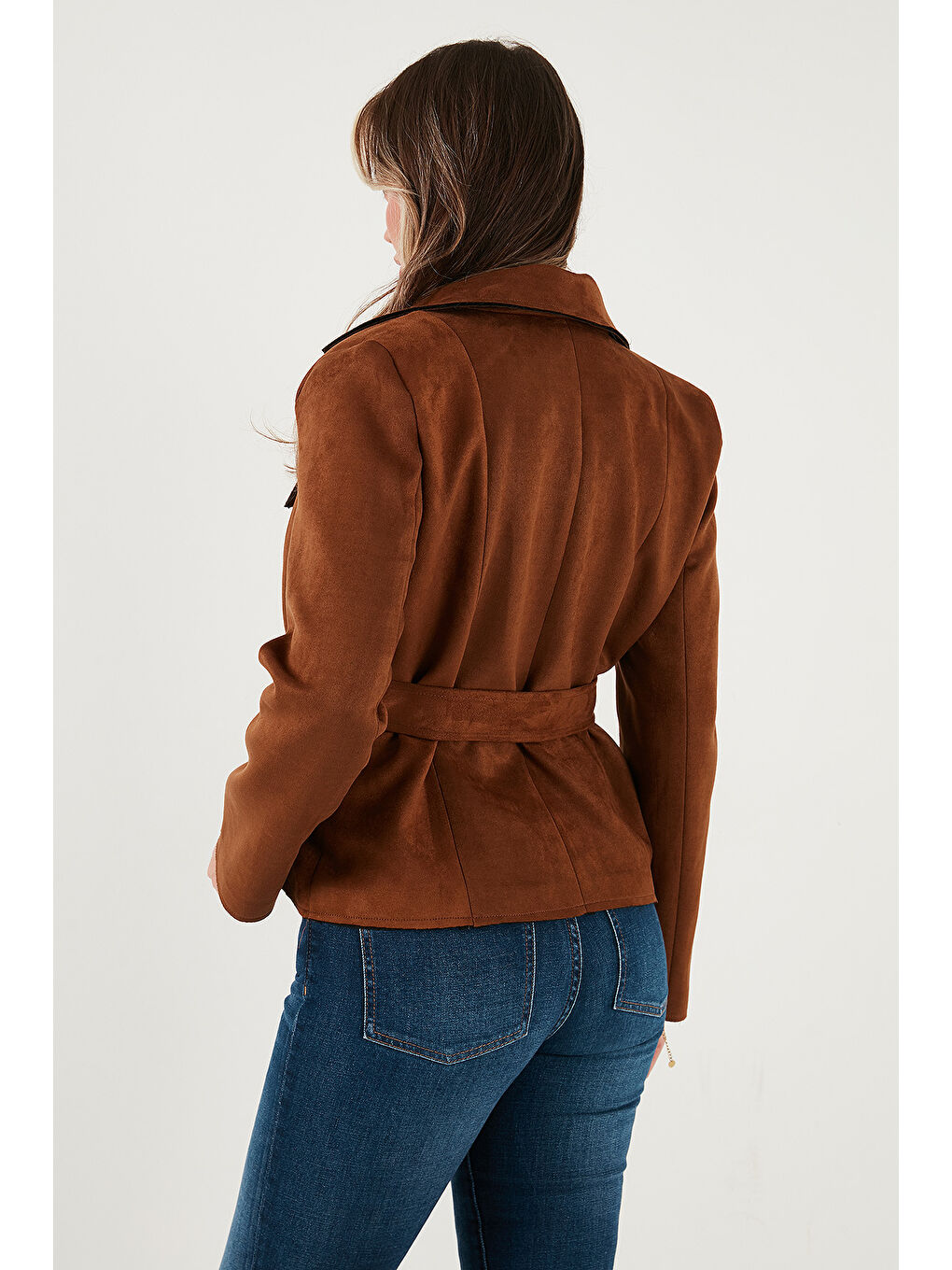 Kahverengi Regular Fit Kruvaze Yaka Kuşaklı Süet Dokulu Ceket 6839640-6