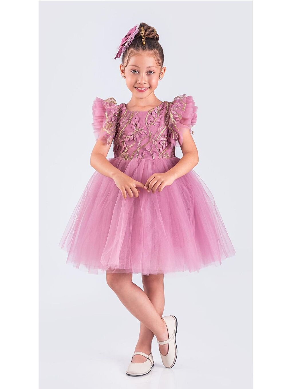 Pembe Kız Çocuk Nakışlı Tütü Etek Elbise MNK0578-1