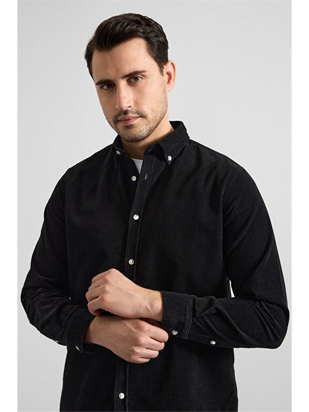 Siyah Regular Düğmeli Yaka Casual Gömlek-1