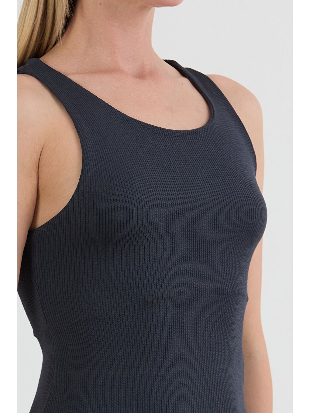 Antrasit Basic Fitilli Yırtmaçlı Elbise-3