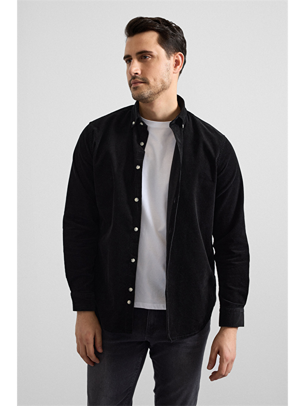 Siyah Regular Düğmeli Yaka Casual Gömlek-3