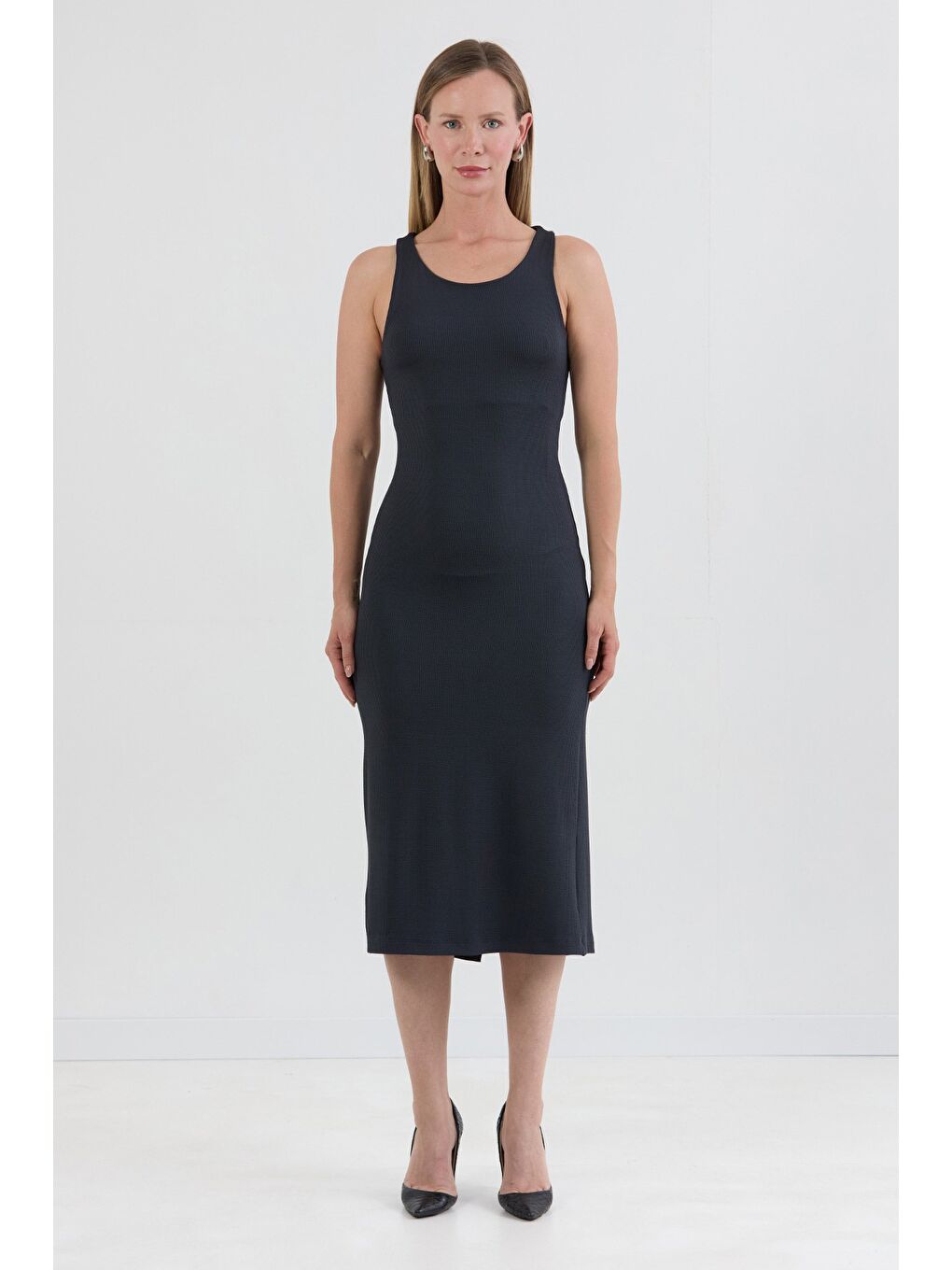 Antrasit Basic Fitilli Yırtmaçlı Elbise-4