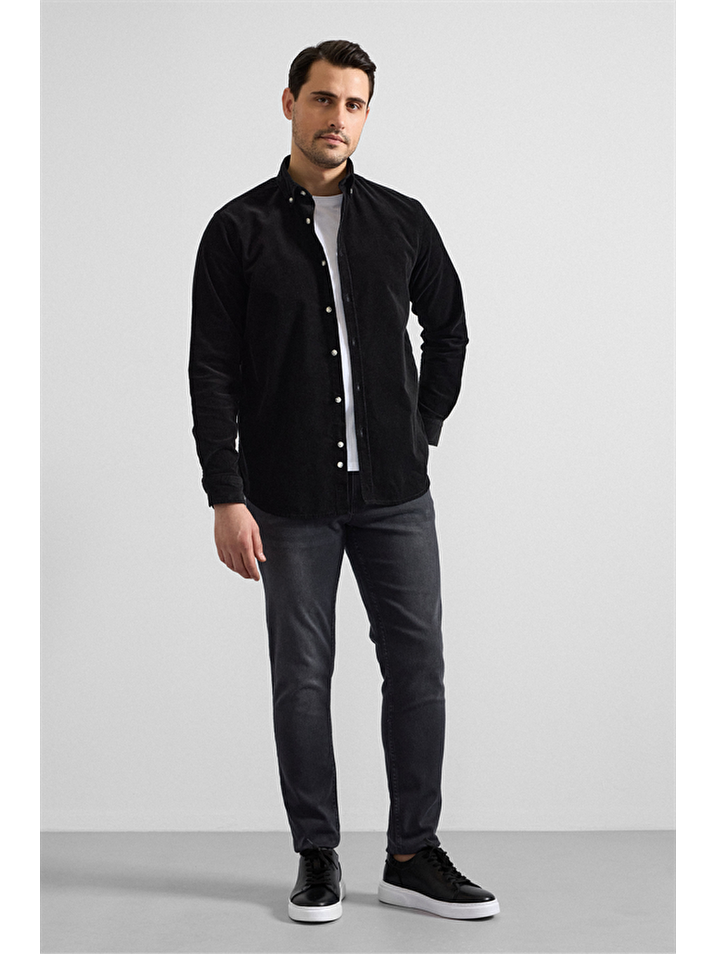 Siyah Regular Düğmeli Yaka Casual Gömlek-4
