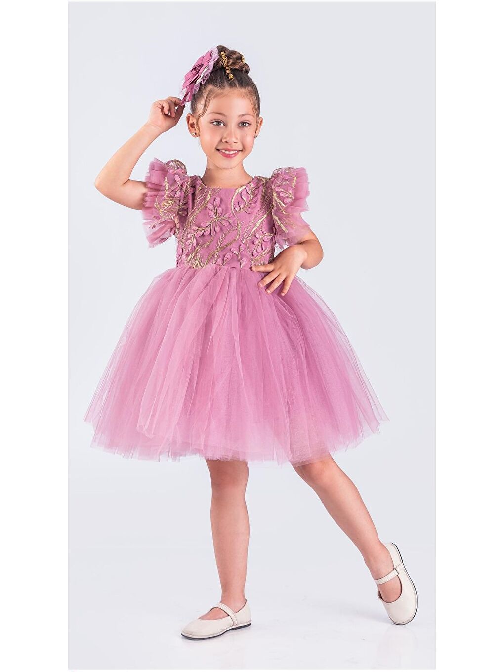 Pembe Kız Çocuk Nakışlı Tütü Etek Elbise MNK0578-8