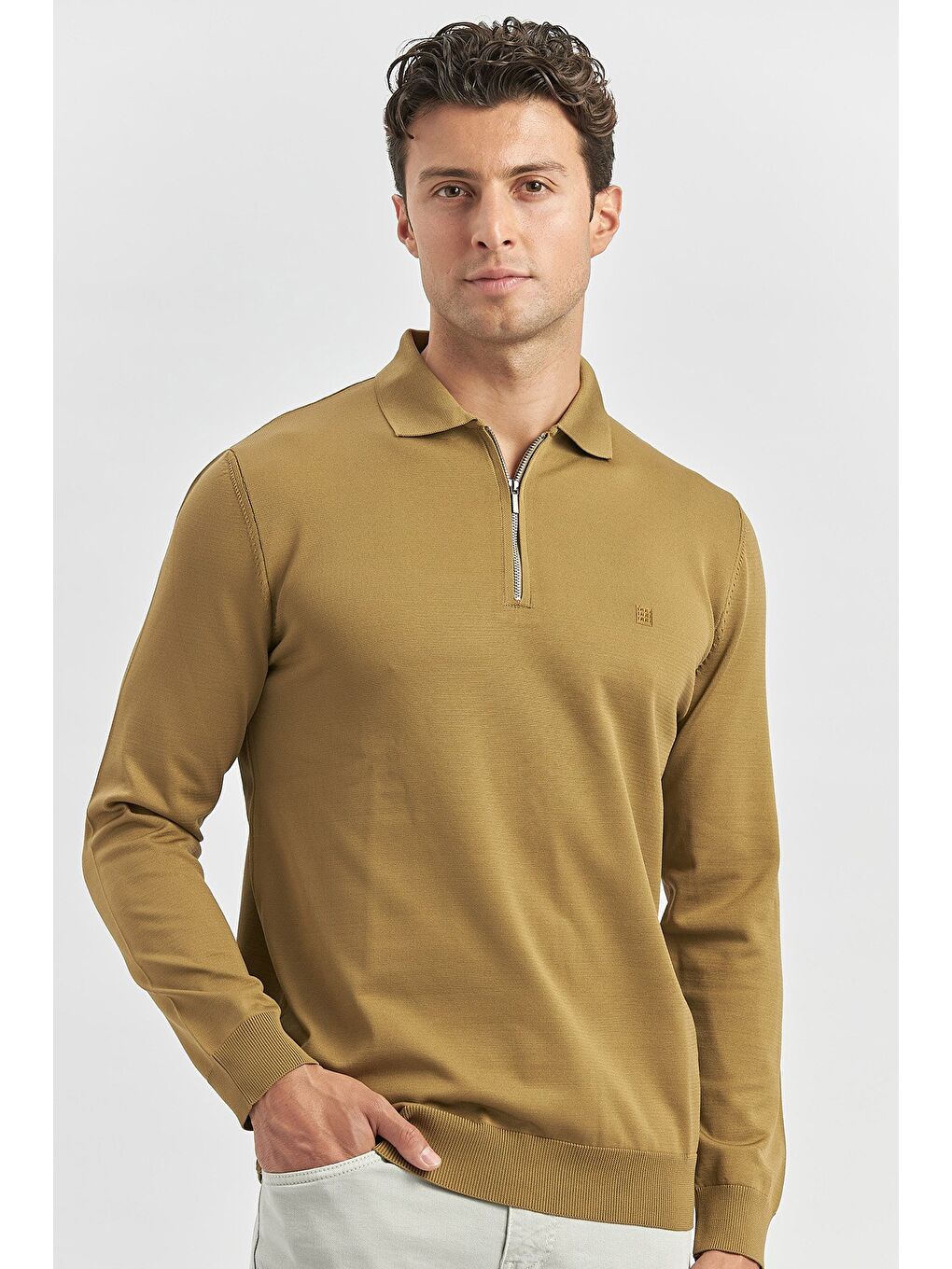 Sarı Bal Uzun Kollu Örme Polo Yaka Slim Fit Dar Kesim Triko 1012245150