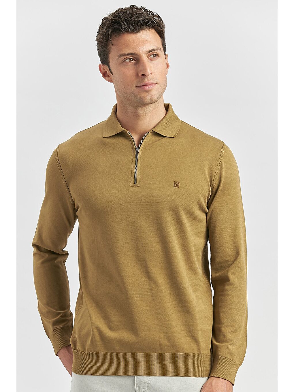 Sarı Bal Uzun Kollu Örme Polo Yaka Slim Fit Dar Kesim Triko 1012245150-1