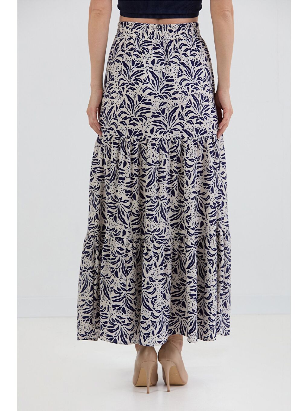 Lacivert Desenli Beli Lastikli Etek-3