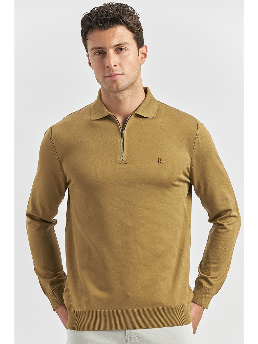 Sarı Bal Uzun Kollu Örme Polo Yaka Slim Fit Dar Kesim Triko 1012245150-2