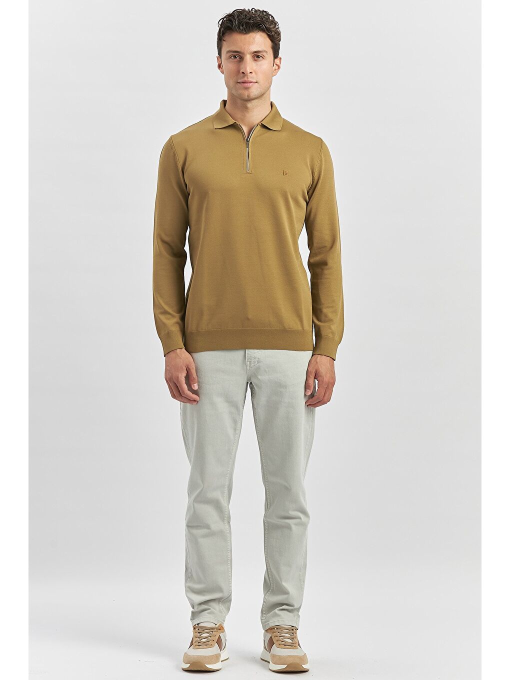 Sarı Bal Uzun Kollu Örme Polo Yaka Slim Fit Dar Kesim Triko 1012245150-3