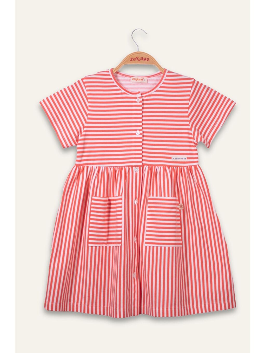 Kırmızı Kız Çocuk Çizgili Yarım Kol Penye Elbise - Coral Çizgili
