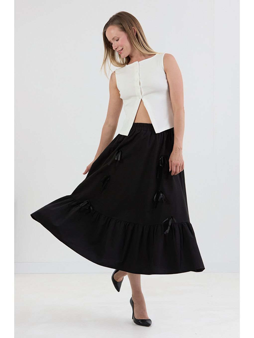Siyah Beli Lastikli Kurdeleli Etek-2