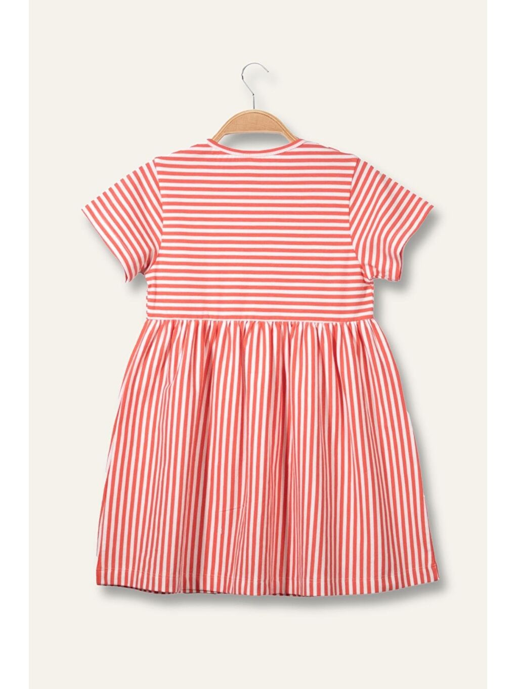 Kırmızı Kız Çocuk Çizgili Yarım Kol Penye Elbise - Coral Çizgili-1