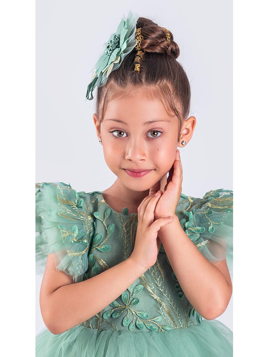 Yeşil Kız Çocuk Nakışlı Tütü Etek Elbise MNK0578-8