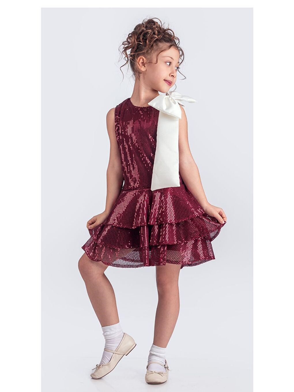 Bordo Yaka Fiyonk Işıltılı Pul Payet Kumaş Kız Çocuk Abiye Elbise M00702-5