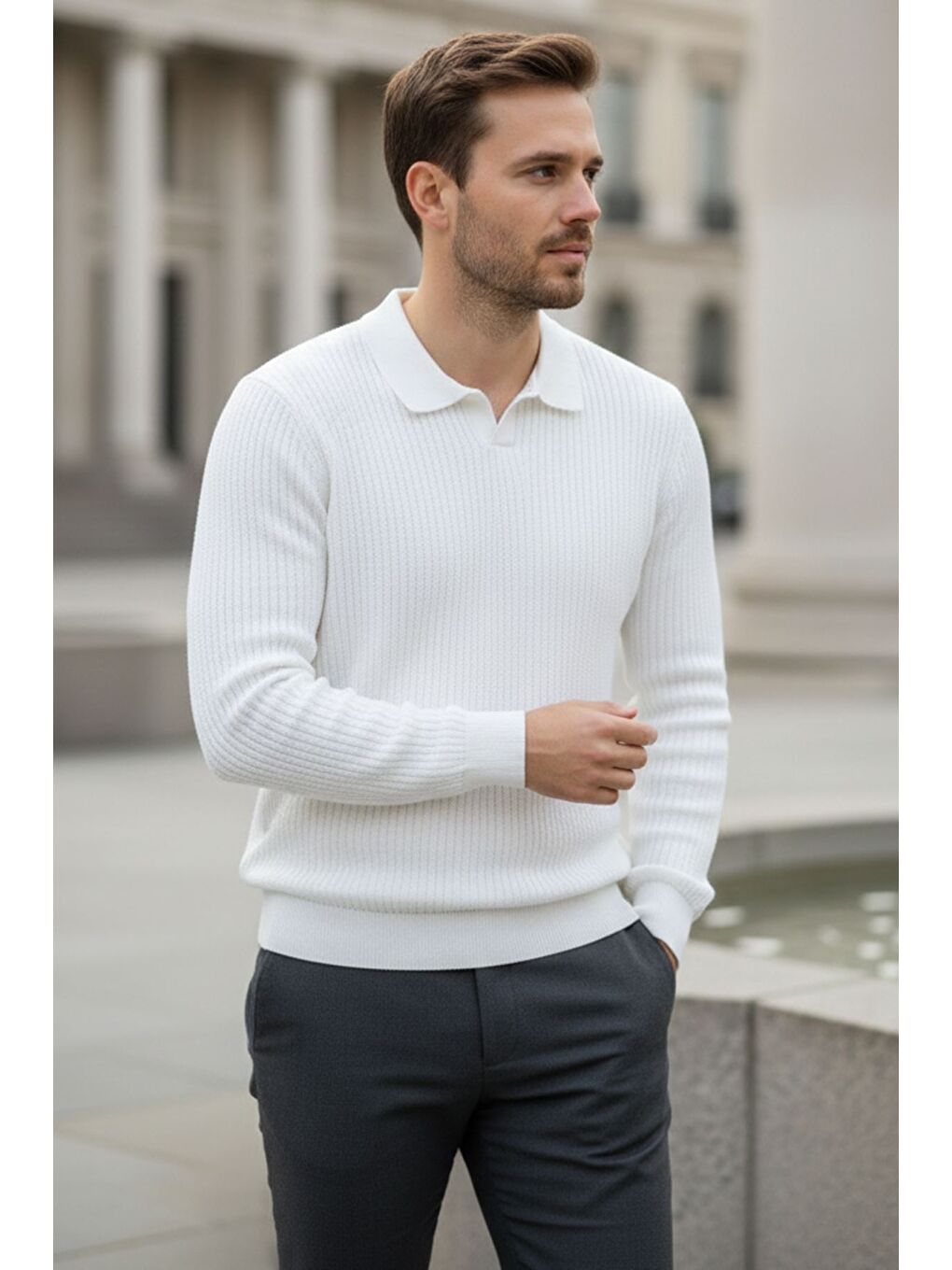 Beyaz Erkek Polo Yaka Elastanlı Triko Kazak-1