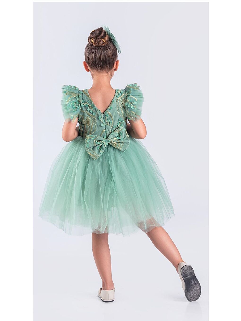 Yeşil Kız Çocuk Nakışlı Tütü Etek Elbise MNK0578-9