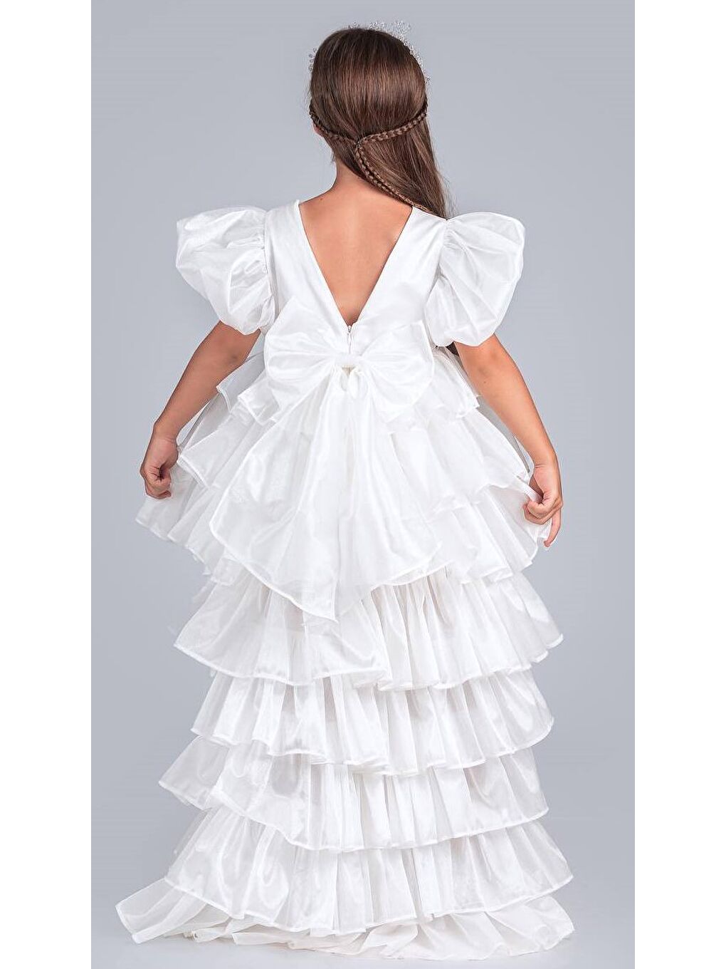 Beyaz Kız Çocuk Eklenebilir Kuyruk Detaylı, Taçlı Aspendos Abiye Elbise M00758-1