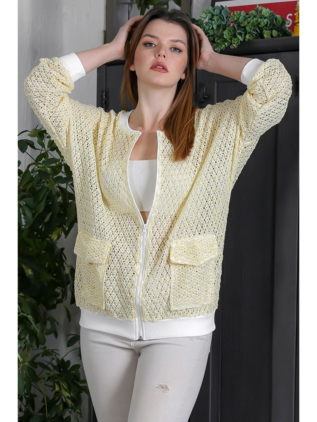 Soluk Sarı Bomber Yaka Manşetli Kollu Fermuarlı Cepli Casual Dokuma Ceket 70 65