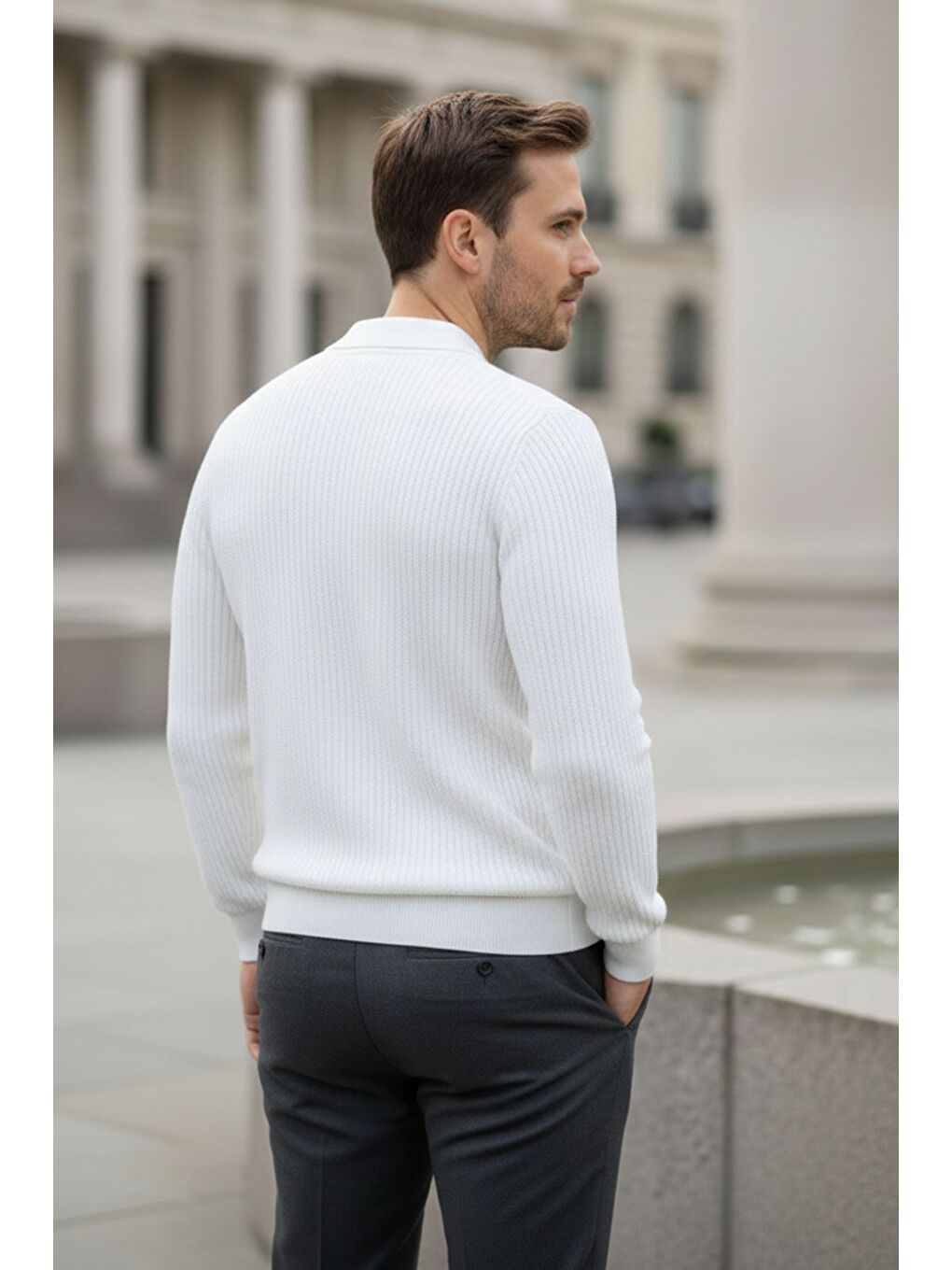 Beyaz Erkek Polo Yaka Elastanlı Triko Kazak-2