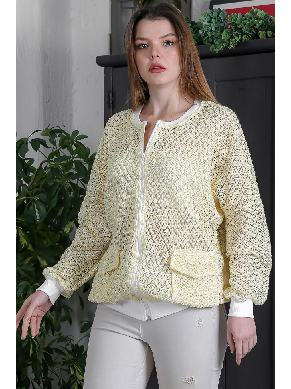 Soluk Sarı Bomber Yaka Manşetli Kollu Fermuarlı Cepli Casual Dokuma Ceket 70 65-1