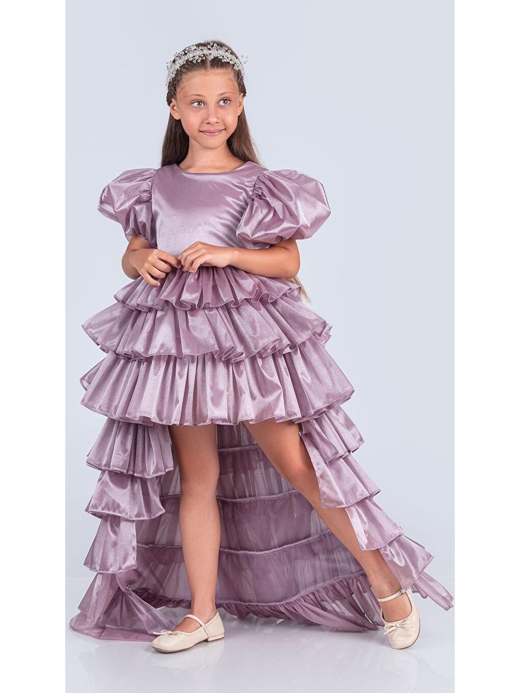 Pembe Kız Çocuk Eklenebilir Kuyruk Detaylı, Taçlı Aspendos Abiye Elbise M00758