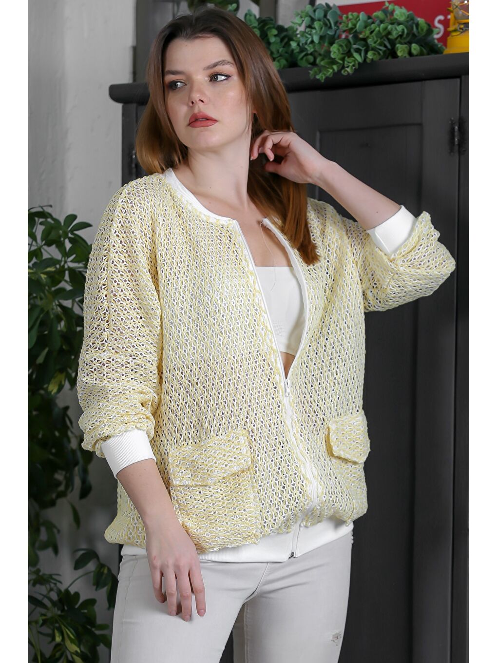 Soluk Sarı Bomber Yaka Manşetli Kollu Fermuarlı Cepli Casual Dokuma Ceket 70 65-2