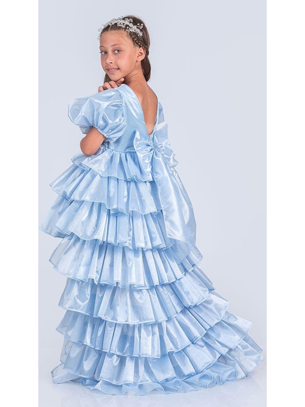 Mavi Kız Çocuk Eklenebilir Kuyruk Detaylı, Taçlı Aspendos Abiye Elbise M00758-1