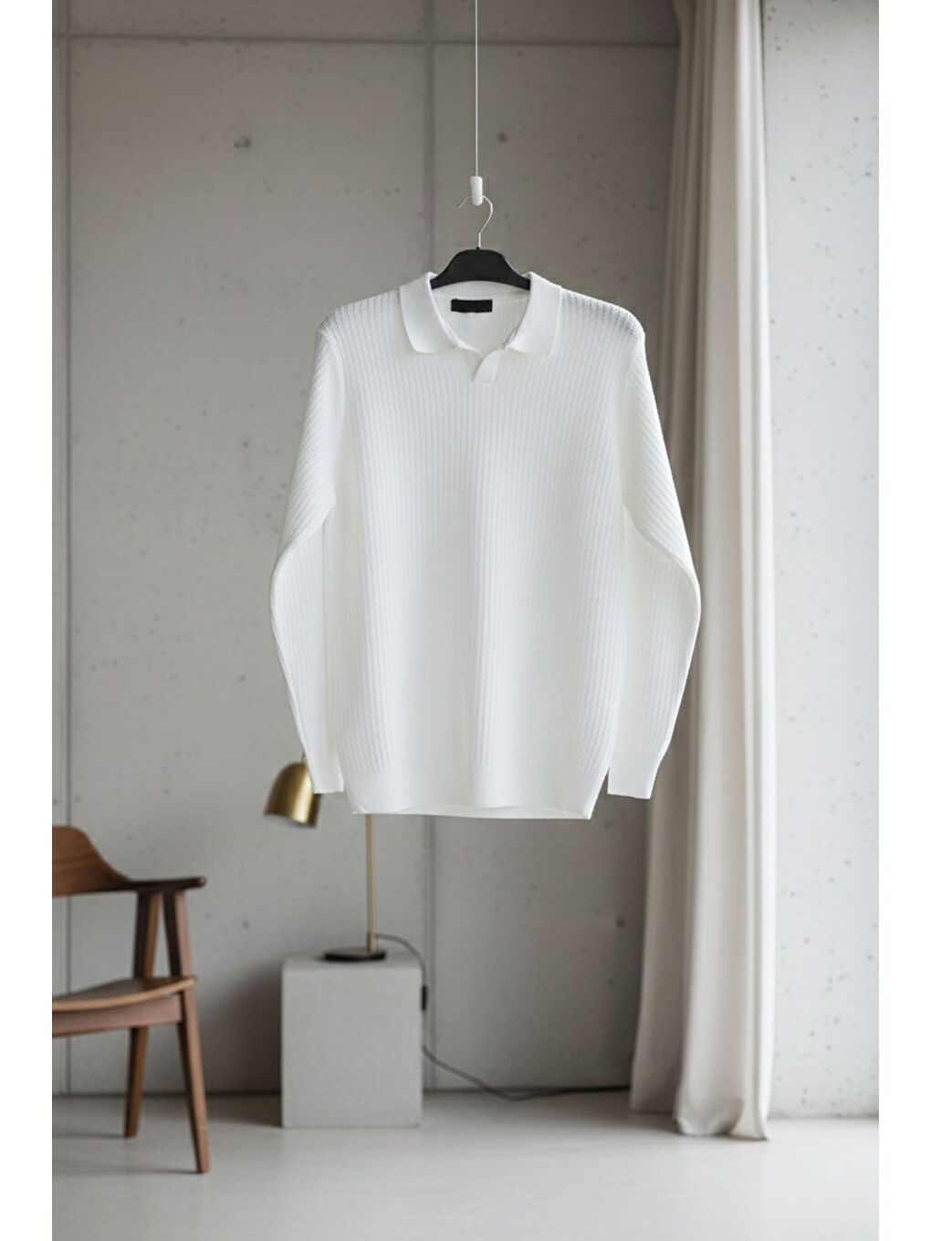 Beyaz Erkek Polo Yaka Elastanlı Triko Kazak-3