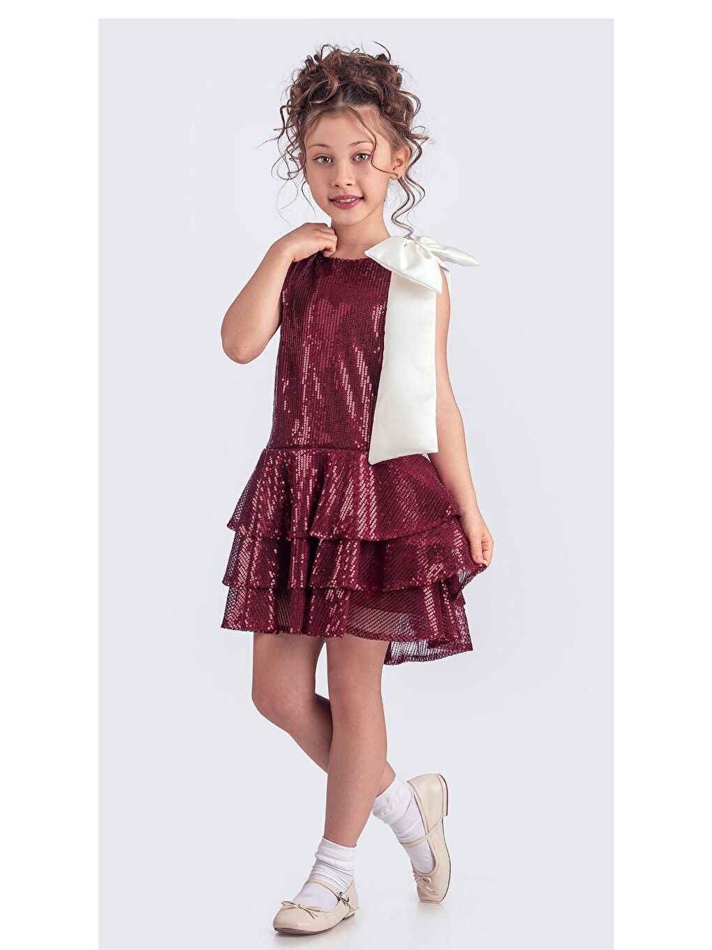 Bordo Yaka Fiyonk Işıltılı Pul Payet Kumaş Kız Çocuk Abiye Elbise M00702-7