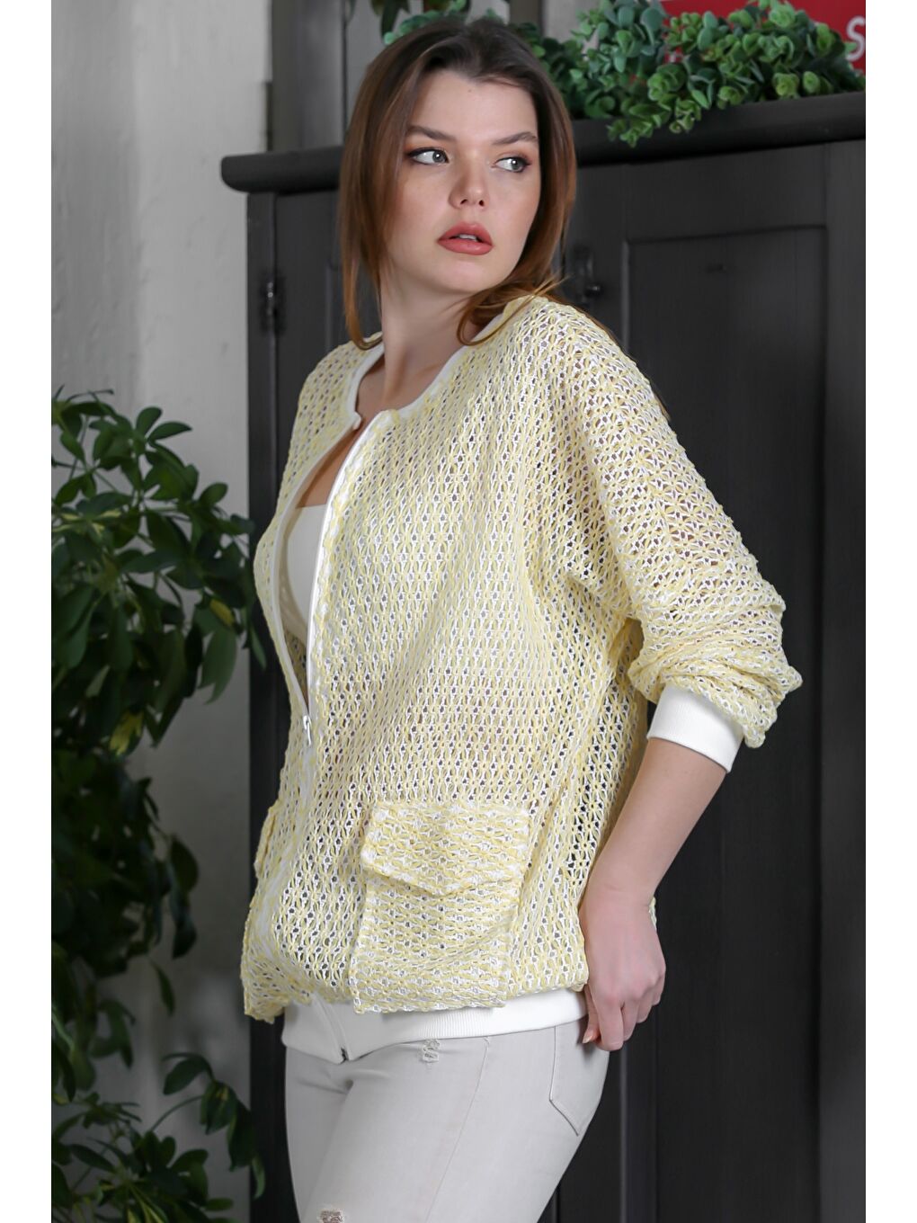 Soluk Sarı Bomber Yaka Manşetli Kollu Fermuarlı Cepli Casual Dokuma Ceket 70 65-3