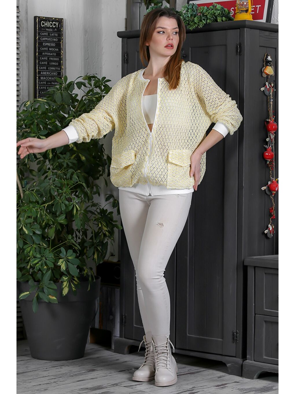 Soluk Sarı Bomber Yaka Manşetli Kollu Fermuarlı Cepli Casual Dokuma Ceket 70 65-6