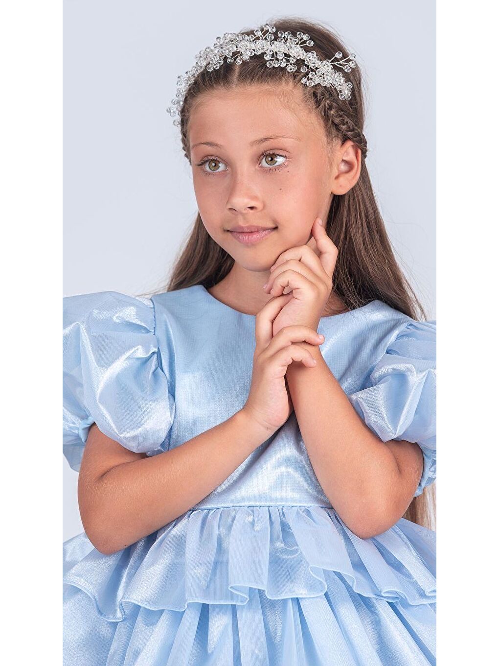 Mavi Kız Çocuk Eklenebilir Kuyruk Detaylı, Taçlı Aspendos Abiye Elbise M00758-2