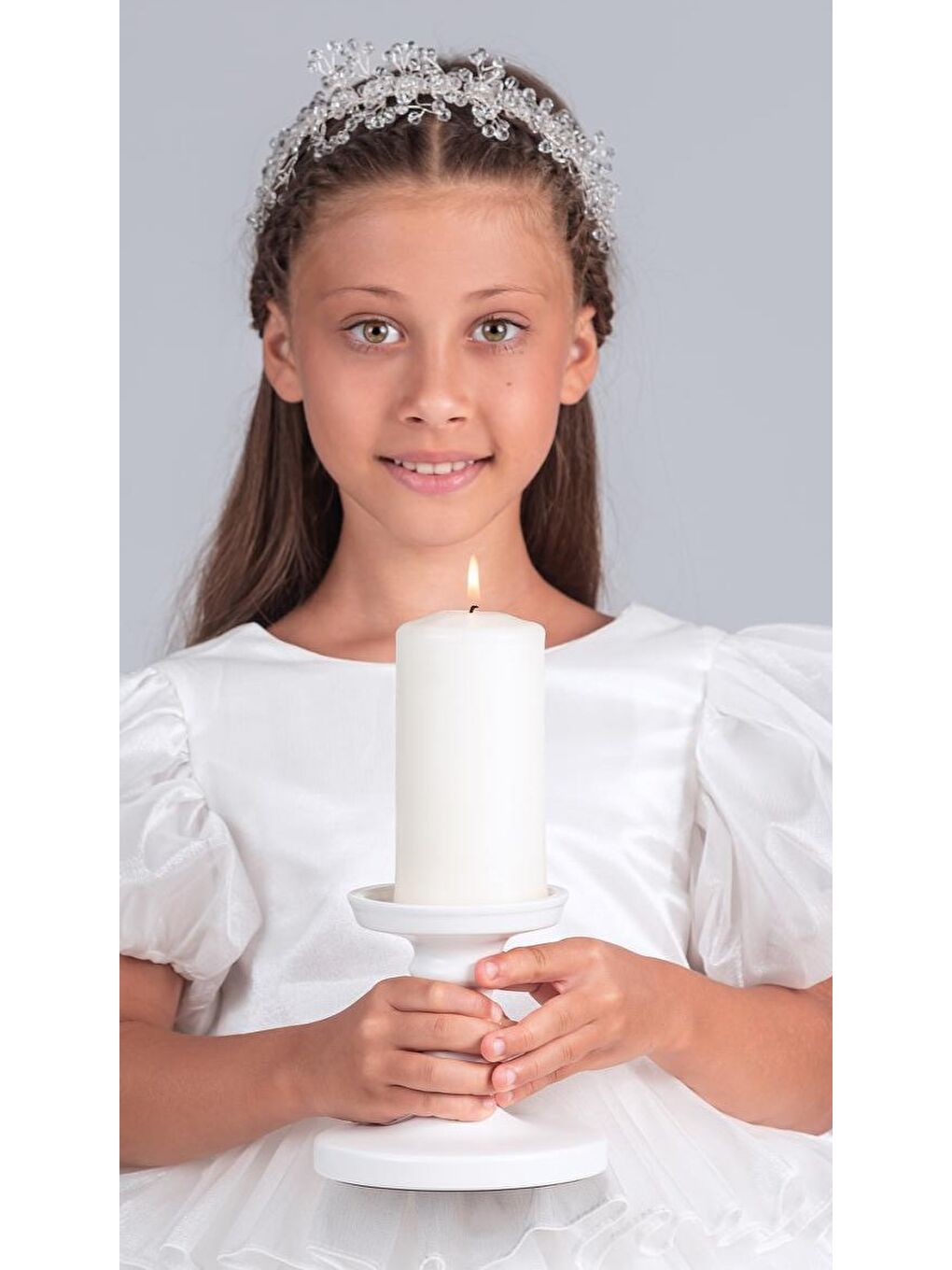 Beyaz Kız Çocuk Eklenebilir Kuyruk Detaylı, Taçlı Aspendos Abiye Elbise M00758-3