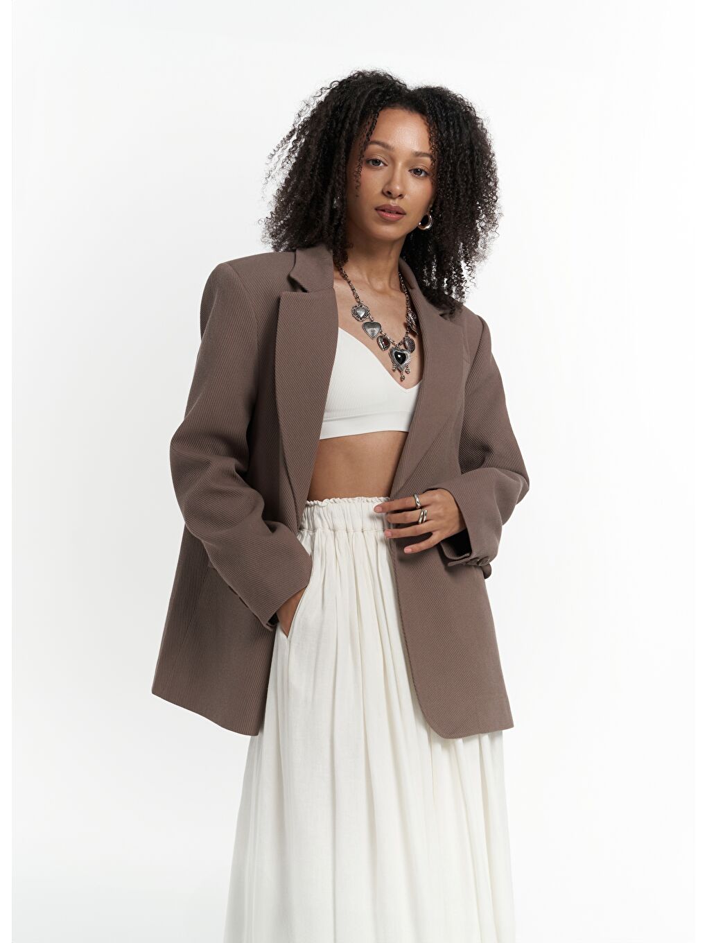 Kahverengi Solara Arkası Düğmeli Mocha Blazer-2