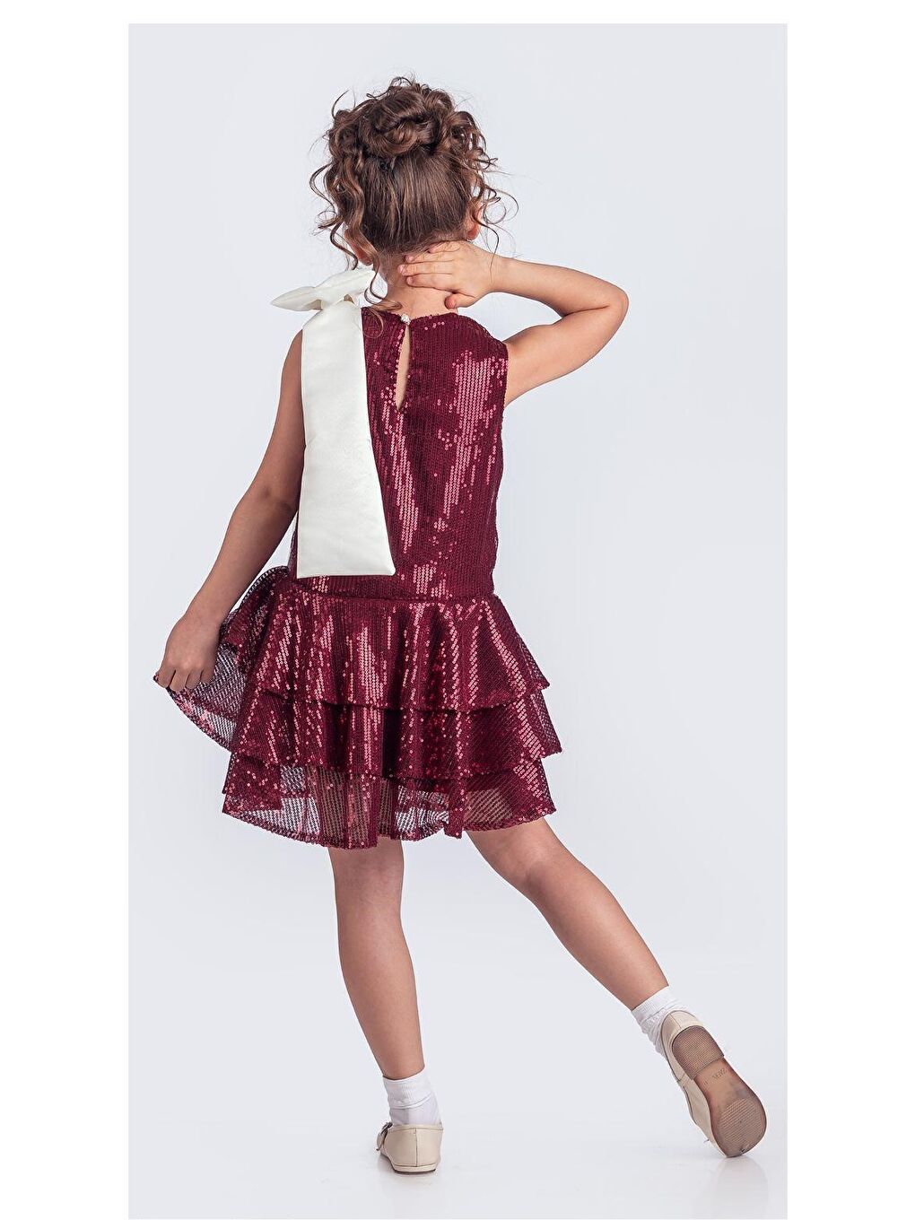 Bordo Yaka Fiyonk Işıltılı Pul Payet Kumaş Kız Çocuk Abiye Elbise M00702-9