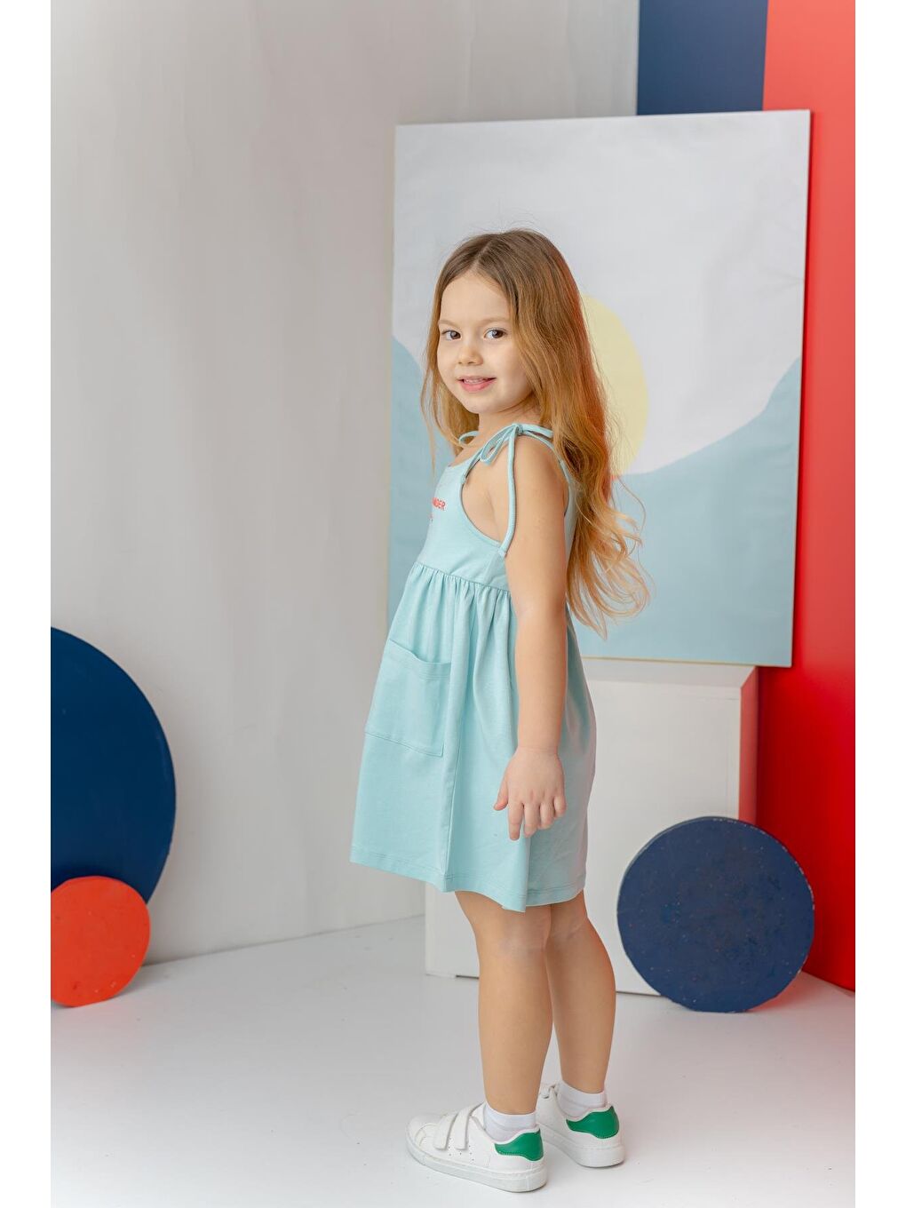 Yeşil Kız Çocuk Askılı Penye Elbise - Mint-1